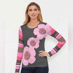 Before + Again Poppy Black Stripes Thermal Long Sleeve Crew Shirt Sz M